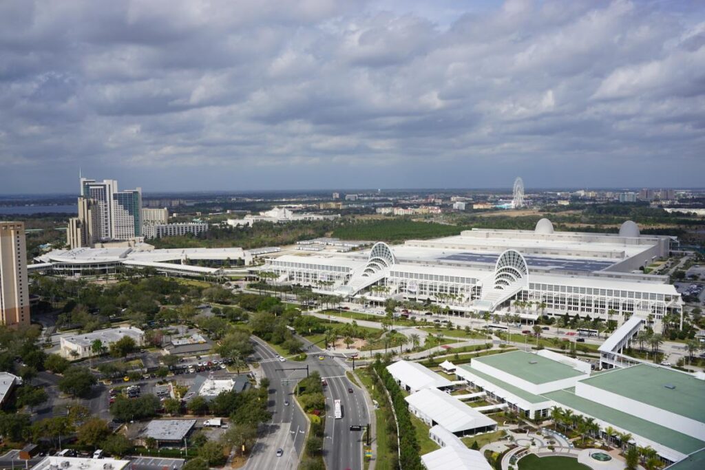 Aerial view of International Drive with the Orange County Convention Center and nearby attractions