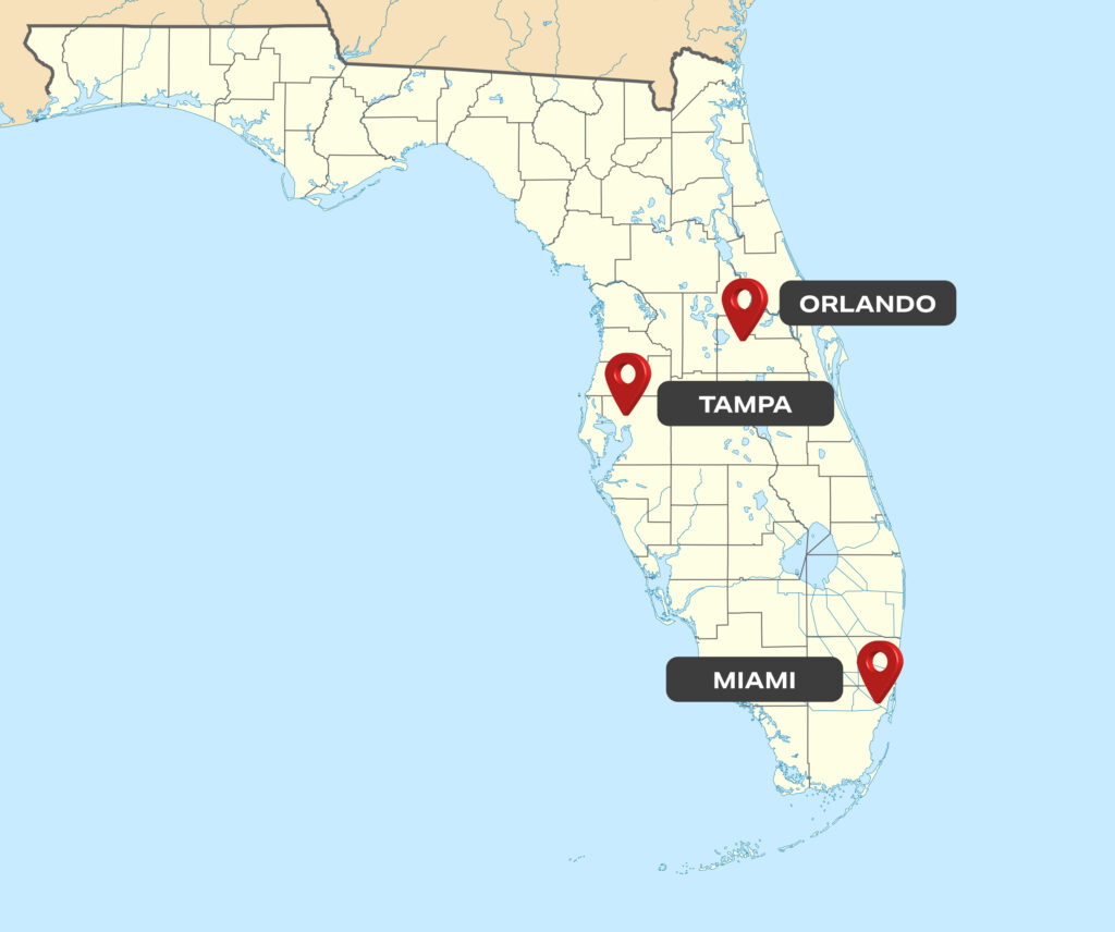 Florida map highlighting Orlando, Miami and Tampa, key real estate poles in 2025